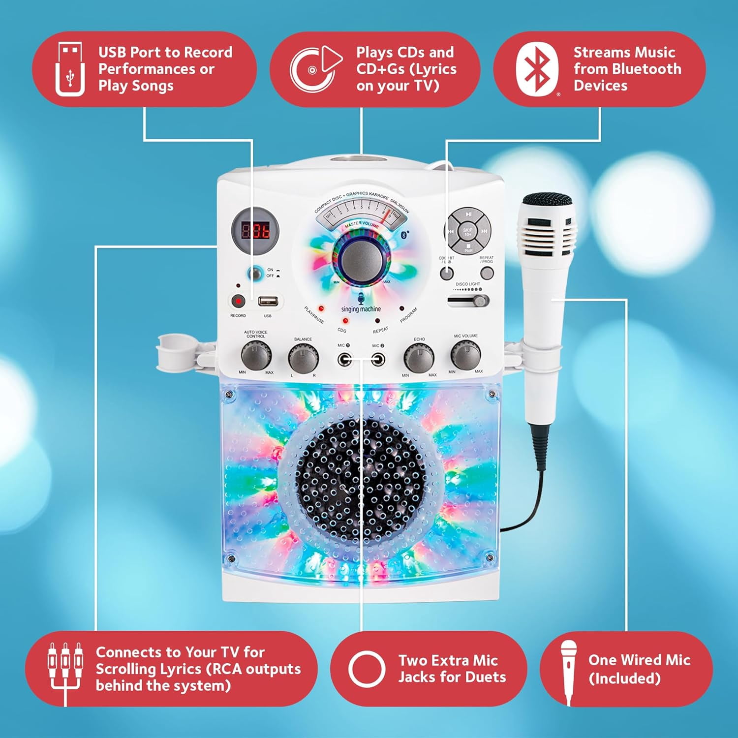 Singing Machine SML385UW Bluetooth Karaoke System with LED Disco Lights, CD+G, USB, and Microphone, White