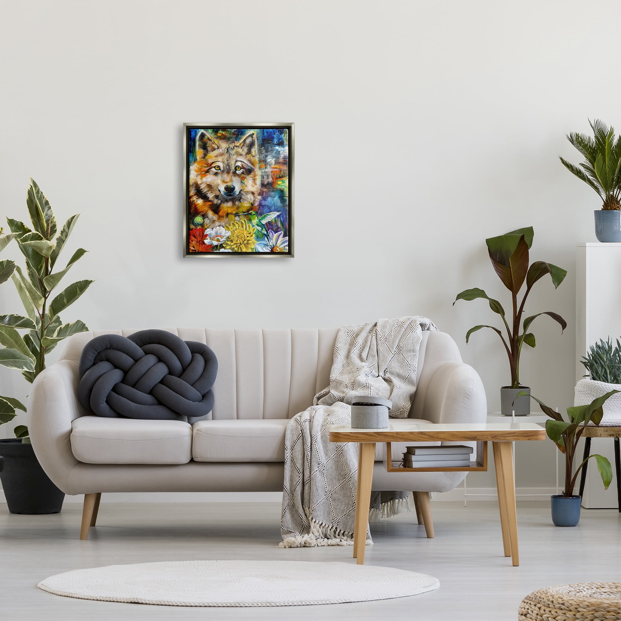 Stupell Industries Wolf with Abstract Florals Animals & Insects Painting Gray Floater Framed Canvas Art Print Wall Art, 17 x 21