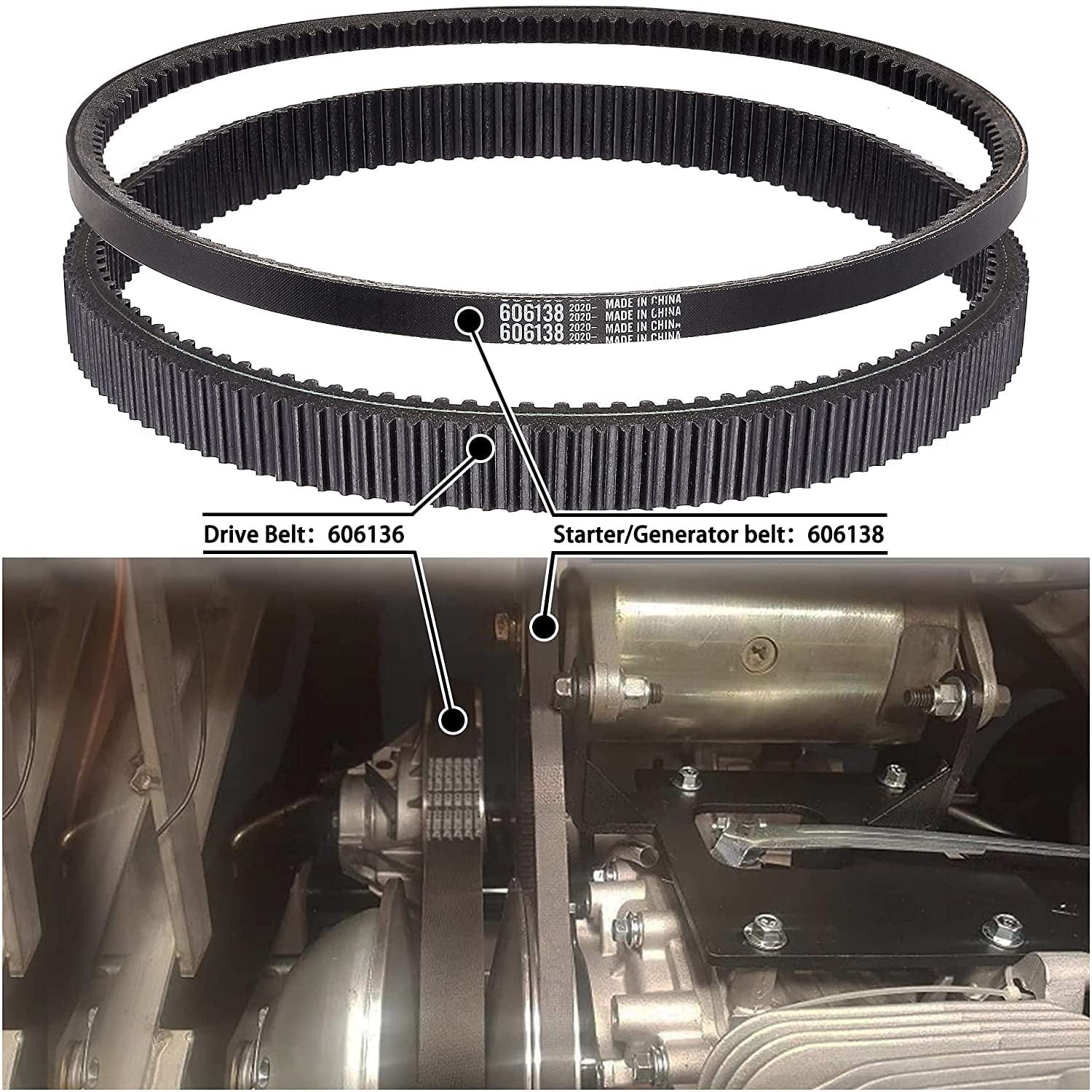 10L0L Golf Cart Clutch Drive Belt with Starter Belt Set Fit EZGO RXV TXT  2008-2011 with 13 HP Kawasaki Engines,Replaces OEM# 606136 606138