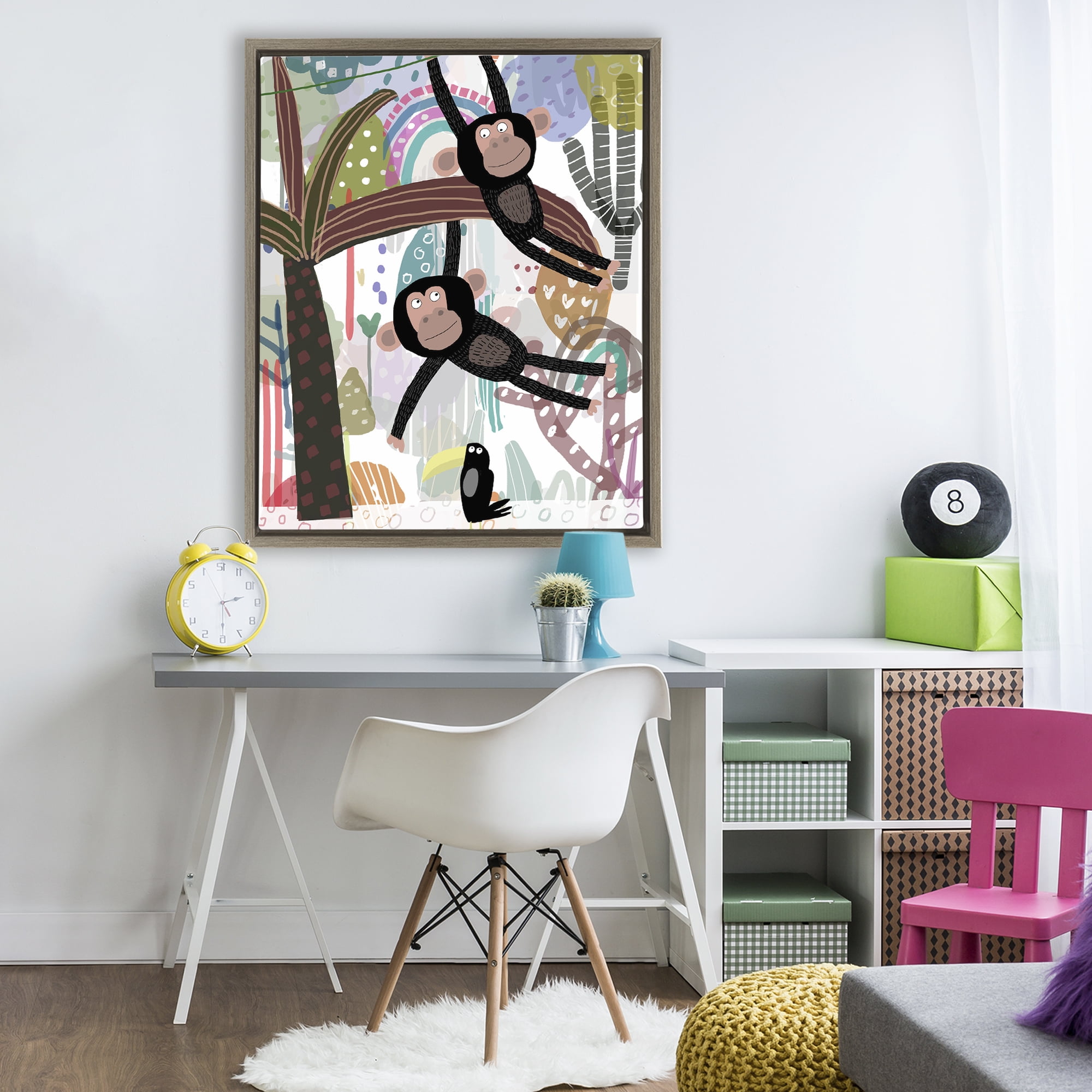 Exotic Monkey & Toucan Brown Framed Floater Canvas Wall Art, design by Carla Daly