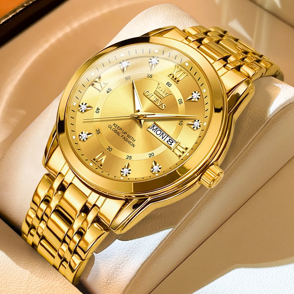 OLEVS Men s Watches Fashion Gold Original Quartz Watch for Man Stainless Steel Waterproof Luminous Wrist Watch Date Week Roman