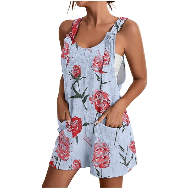 Pantalones Cortos de Mujer Casual Suspender Impresión Pantalones Cortos de Bolsillo, Pantalones Cortos de Mujer con Bolsillos
