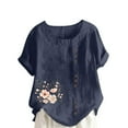 thumbnail image 2 of YOTAMI Plus Size Summer Linen Tops for Women Fashion Short Sleeve Graphic T Shirts for Party Floral Print Crew Neck Oversized Clothes Blue, 2 of 4