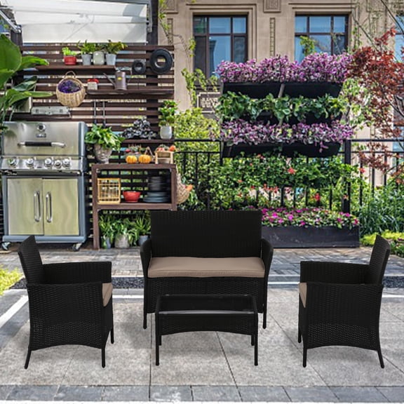 4 Pieces Outdoor Patio Wicker Furniture Sets Modern Rattan Bistro Set Outdoor Wicker Bistro Conversation Set with Loveseat & Padded Cushions Coffee Table for Home, Lawn and Balcony, Black