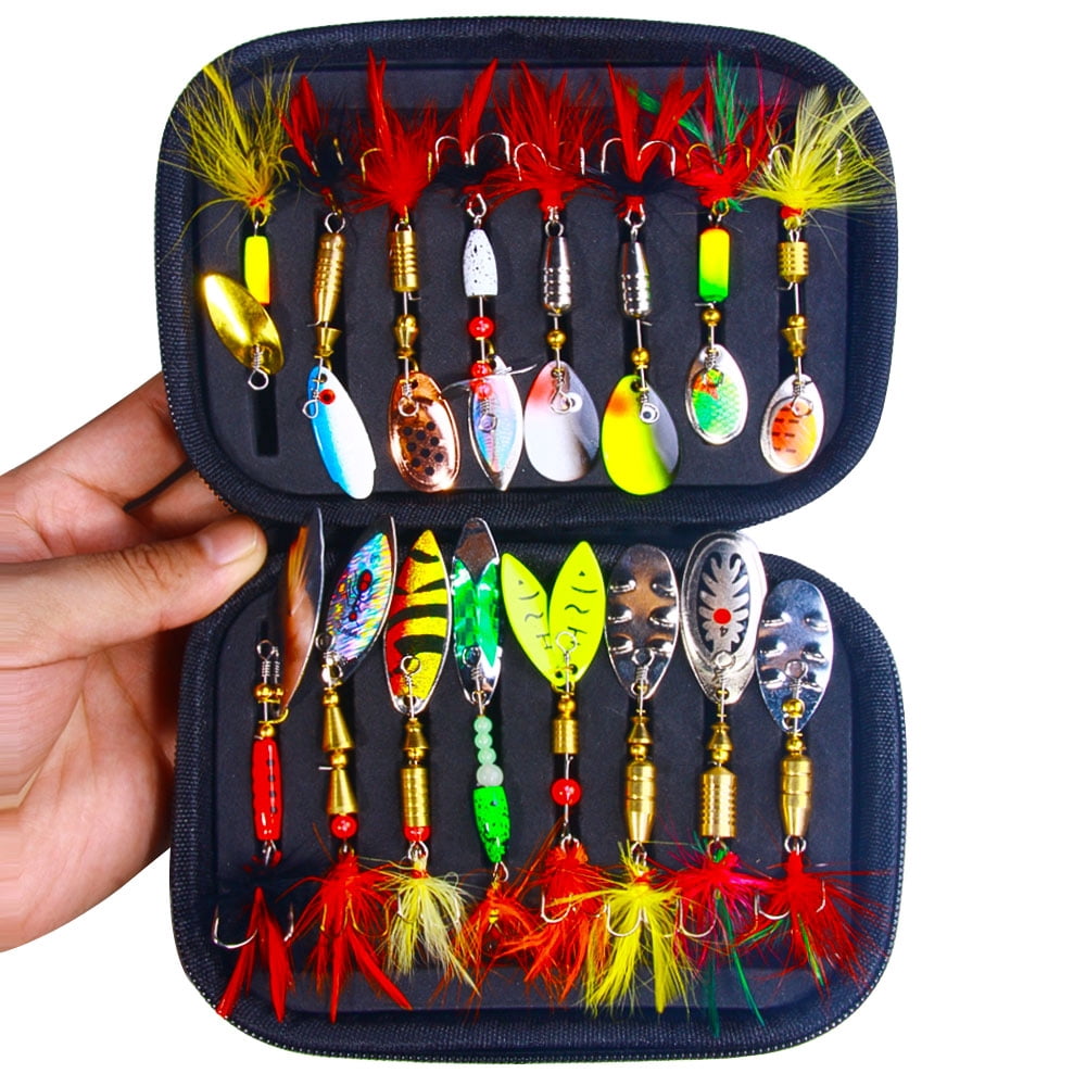 HENGJIA Fishing Lures, Fishing SpinnerBaits,Trout Lures, Bass Lures, Spinning Lures,Hard Metal Spinner Baits kit with Carry Bag, (16PCS Fishing Lure with Box)