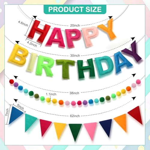 Colorful Felt Ball Birthday Banner Garland, Rainbow Triangle Pennant Flags for Party Decorations, Bulk Multicolor Bunting String for Celebrations