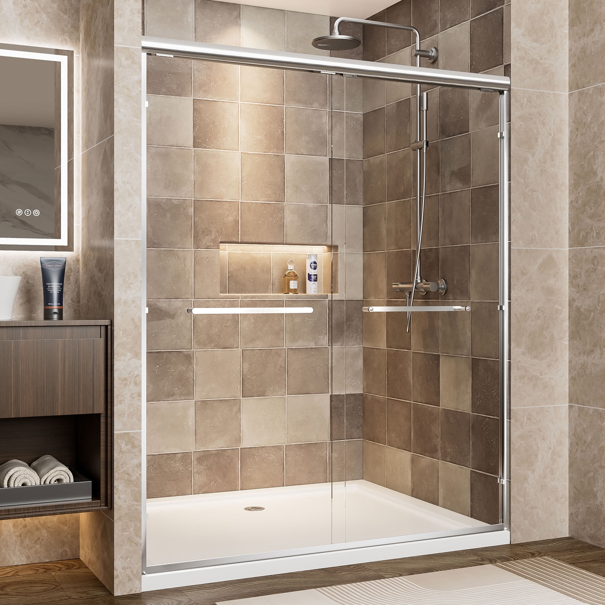 MAYEERTY Double Sliding Shower Door, 1/4" Tempered Safety Glass with Explosion-Proof Film, Waterproof & Reversible Installation
