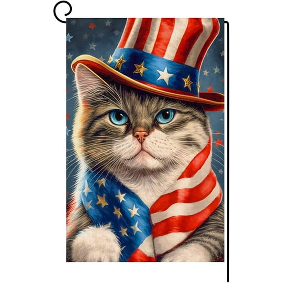 4th of July Cat Garden Flag 12x18 Vertical Double Sided Patriotic USA Flag Independence Day Memorial Day Outside Decorations Burlap Yard Flag BW319