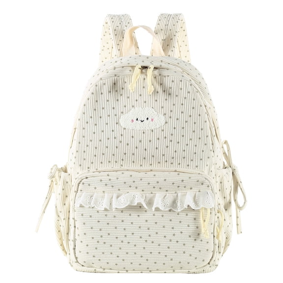 Corduroy Backpack, Polka Dot School Backpack with Bowknot, Lace Trim Schoolbag for Travel Shopping Outdoor, Beige