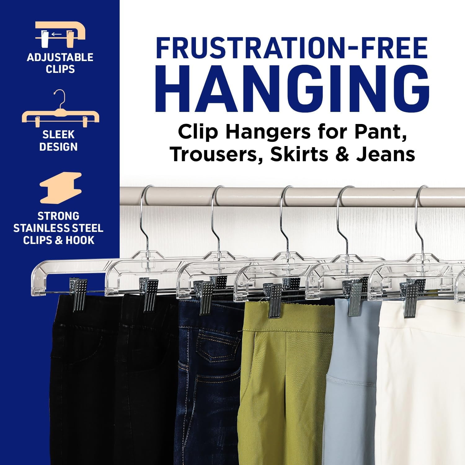 Lifemaster Clear Plastic Hangers - 50 Pieces 14 Inches Anti-Slip Space-Saving, Closet Organization Solution - Pants, Trousers, Skirts, Jeans Hangers with 360° Swivel Hook and Adjustable Clips - Clear