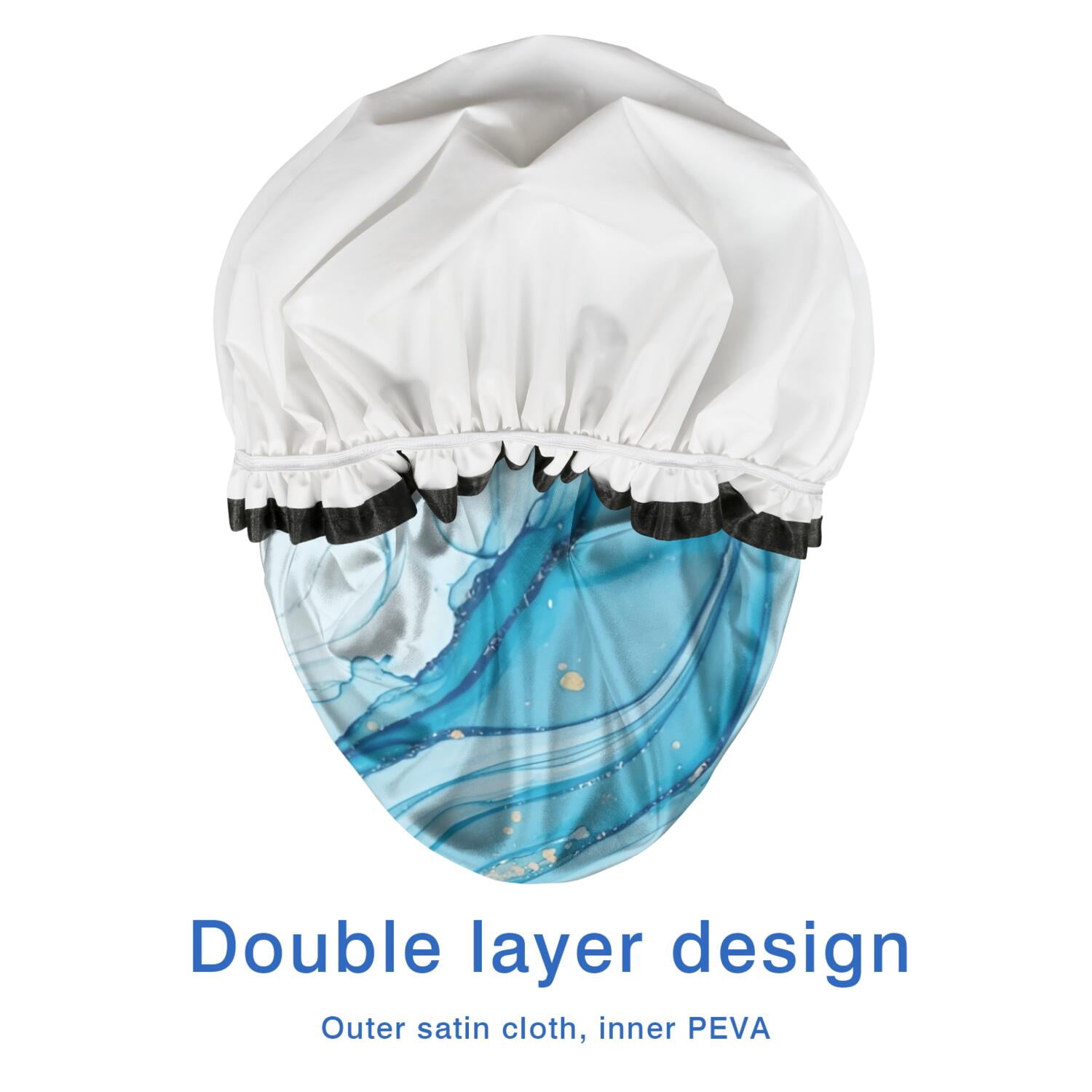 Shower Caps,Blue White Gold Marble Pattern Waterproof Shower Cap for Women 4 Pieces,Double Reusable Hair Cover for Shower PEVA Elastic Stretch Hem