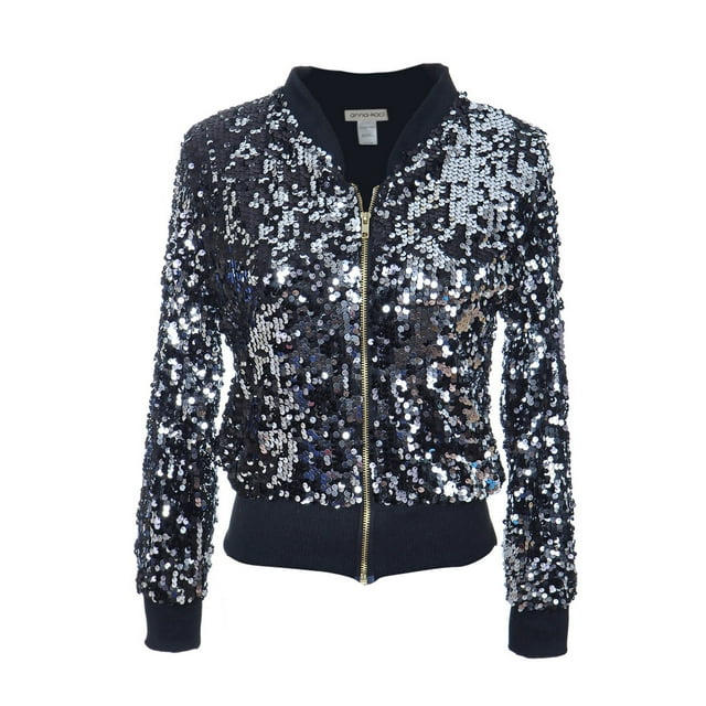 Veste à Fermeture Éclair devant à Paillettes à Manches Longues pour Femmes, Poignets Côtelés, Hauts d'Extérieur à Manches Longues