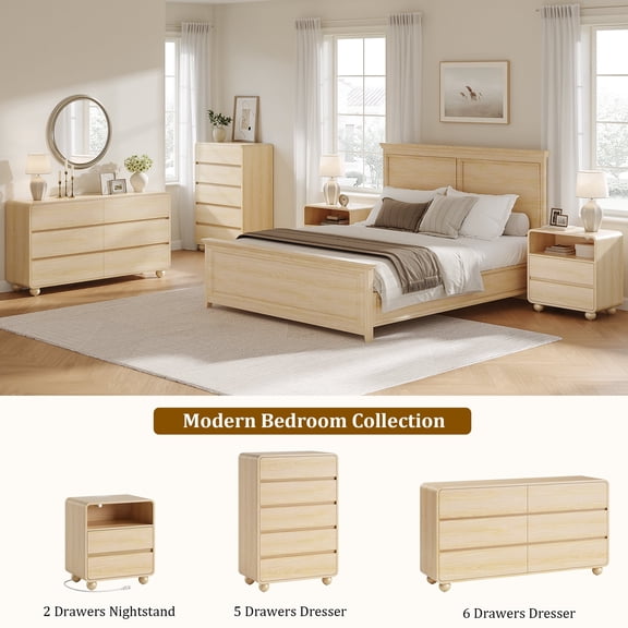 GIKPAL Bedroom Furniture Set of 4, Includes 6 Drawer Dresser, 5 Drawer Dresser, Nightstand Set of 2 with Charging Station, Modern Wood Dresser and Nightstand Sets, Natural