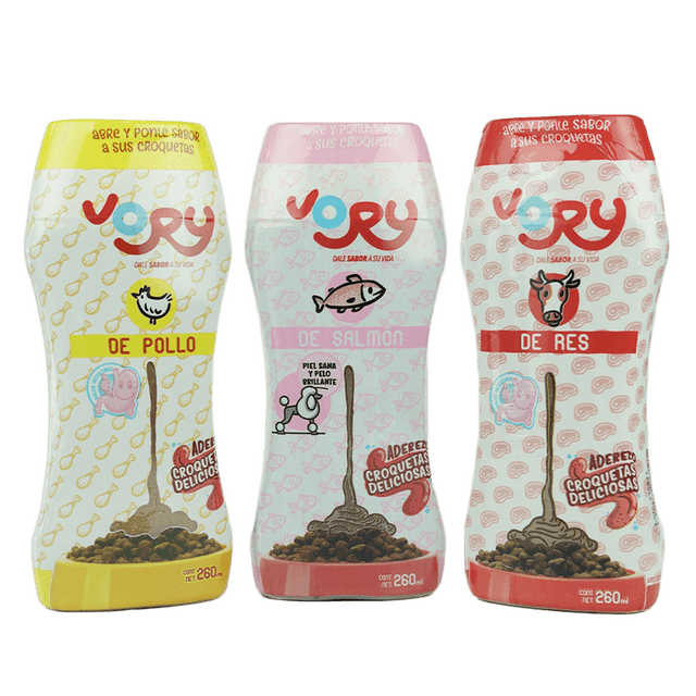 Vory Trio Mix Aderezo para las croquetas de tu perro VORY / 260 ml Paquete de 3 / Res+Pollo+Salmon VORY RES + POLLO + SALMON