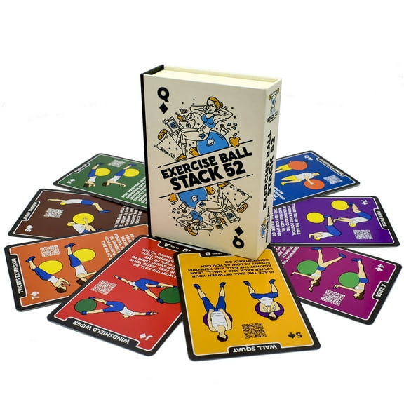 Stack 52 Exercise Ball Fitness Cards. Swiss Ball Workout Playing Card Game. Video Instructions Included. Bodyweight Training Program for Balance and Stability Balls. (2019 Updated Deck)