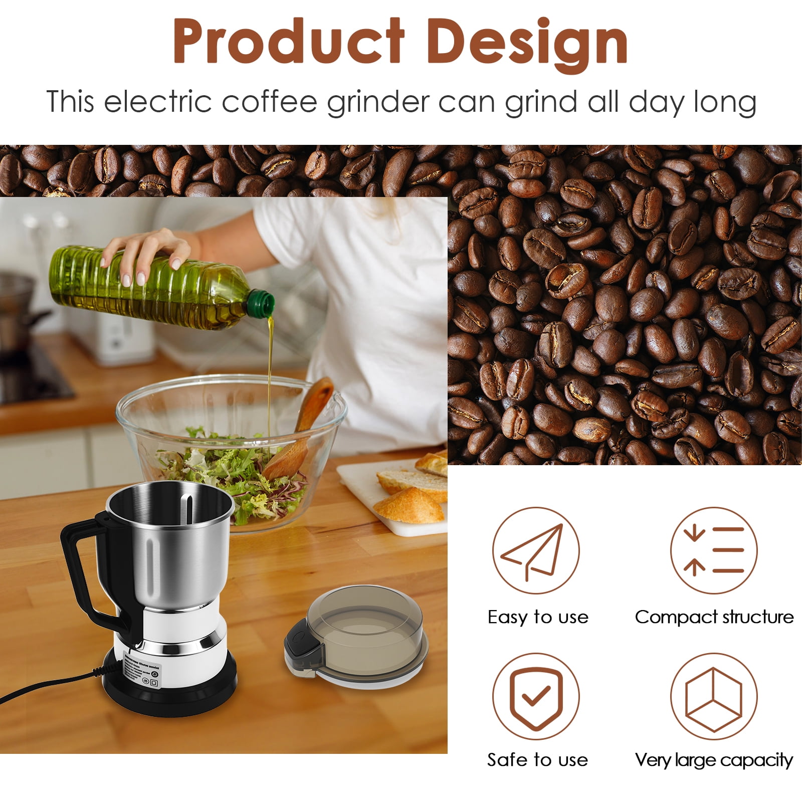 Keyohome Portable Electric Coffee Grinder Adjustable Coffee Bean Grinder with Stainless Steel Blade Spoon and Clean Brush for Home Kitchen Counter