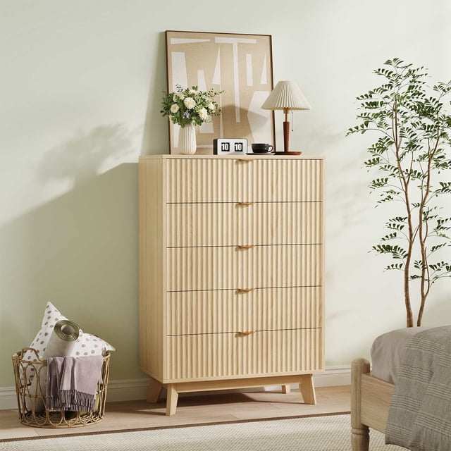 Ourlova Commode Cannelée Mi-Siècle à 5 Tiroirs en Bois Naturel
