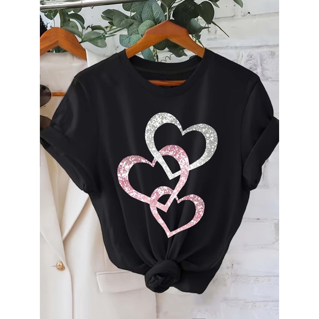 Silvery pink heart-shaped pattern print This product is designed as a printed pattern, rhinestones/sequins are only used for visual effect T-shirt short-sleeved round neck casual tops summer spring W