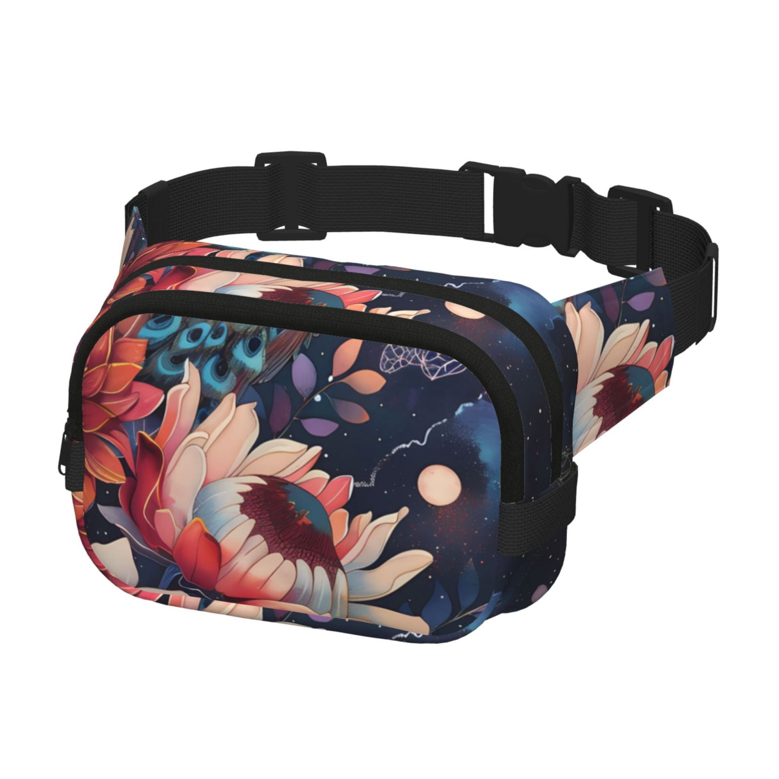 Picia Colorful Flower Peacock Print Square Double-Layer Waist Bag Mini Adjustable Waist Belt Bag Exercise Running Travel Hiking