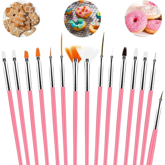 15Pcs Cake Decorating Brushes, Cake Painting Brushes Kit Food Safe Paint Brushes Multiple Function Cookie Brushes Fondant Sugar DIY Tool Set Candy Icing Pastry Brush for Baking(Pink)
