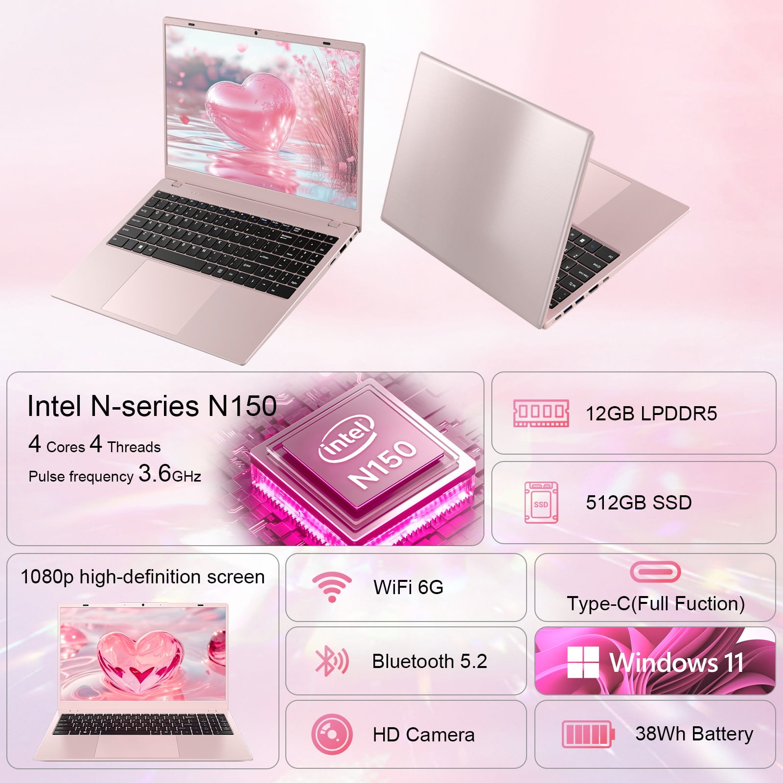 RNRUO 15.6" Windonws 11 Laptop, 12GB DDR5 512G SSD, Up to 3.6GHz Intel N150 Quad-Core, Office 2024 Fingerprint Backlit KB WiFi 6 BT 5.2, 1080 FHD Display for Student, Business, Home Office, Pink