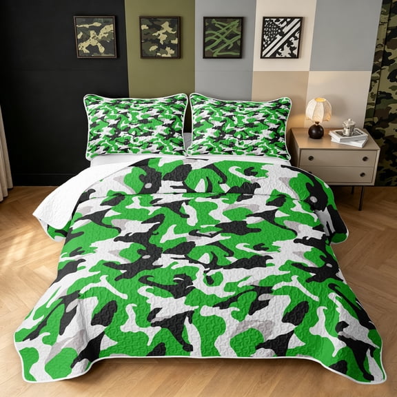 Manfei Rustic Camouflage Twin Quilt Set, Vintage Camo Twin Coverlet Set, Olive Green, 2pcs, 1 Bedspread and 1 Pillowcase