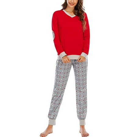 

UKAP Womens Autumn Winter 2Pcs Set Pajamas Set Pants Sets V-Neck Long Sleeve Pullover Tops + Polka Dot Pants Nightwear Sleepwear Soft Lounge Set Pj Sets