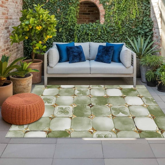 Outdoor Rug 3x5 ft Light Green Floral Leaves Outdoor Large Area Rug Non Slip Rubber Ethnic Style Lattice Front Door Mat RV Rug Carpet Patio Outdoor Rugs for Backyard Balcony Deck Porch Indoor