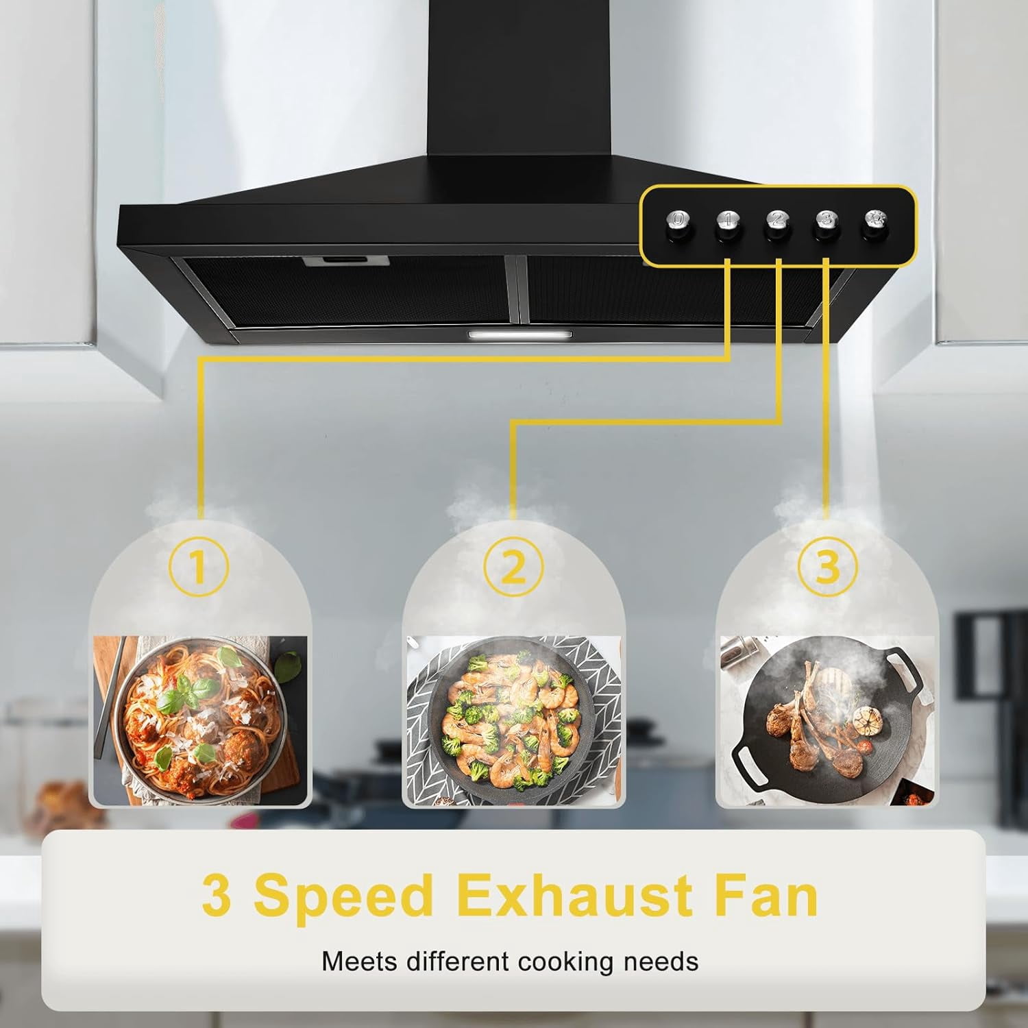 30 inch Wall Mount Range Hood 450 CFM with Ducted/Ductless Convertible Duct Stainless Steel Chimney-Style Over Stove Vent Hood with LED Light 3 Speed Exhaust Fan Black Hood Vents for Kitchen