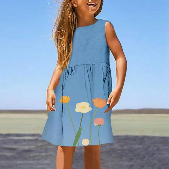 Girls Dresses Size 3-4Y Cute Floral Print Crewneck Sleeveless Sundress Comfortable Summer Kids Casual Dress
