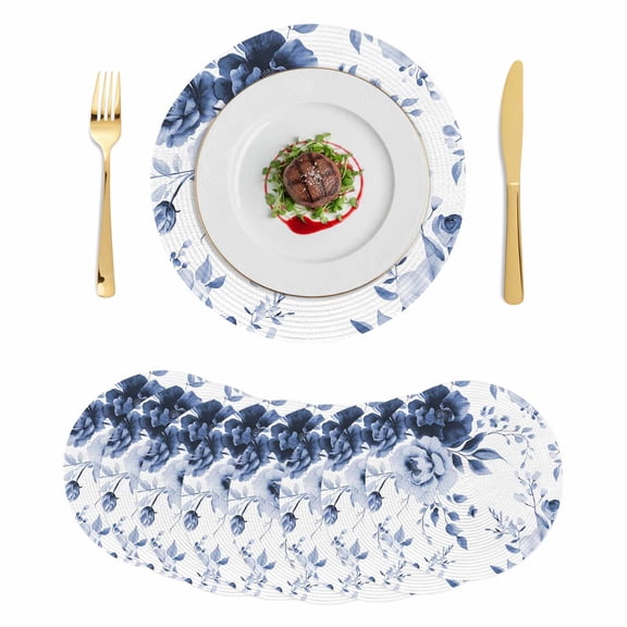 Blue Floral Art Round 15 Inch Placemats Set of 8, Watercolor Botanical Spring Flowers HeatResistant Non Slip Place Mats for Dining Table, Wipeable Braided Kitchen Table Mats for Housewarming