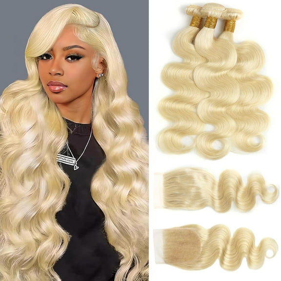 613 Bundles with Closure Human Hair 12 14 16 + 10 inch Blonde Body Wave Human Hair Bundles with Closure 100% Unprocessed Virgin Human Hair Weave Extensions with 4x4 Transparent Lace Closure