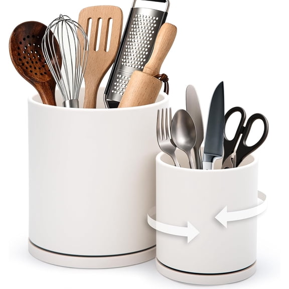 360° Rotating Utensil Holder Set – 7.2" 5" Kitchen Utensil Crocks for Countertop, Modern Cooking Tool Organizers for Kitchen Storage Décor, Oatmeal, Set of 2, 72-Z-D-1