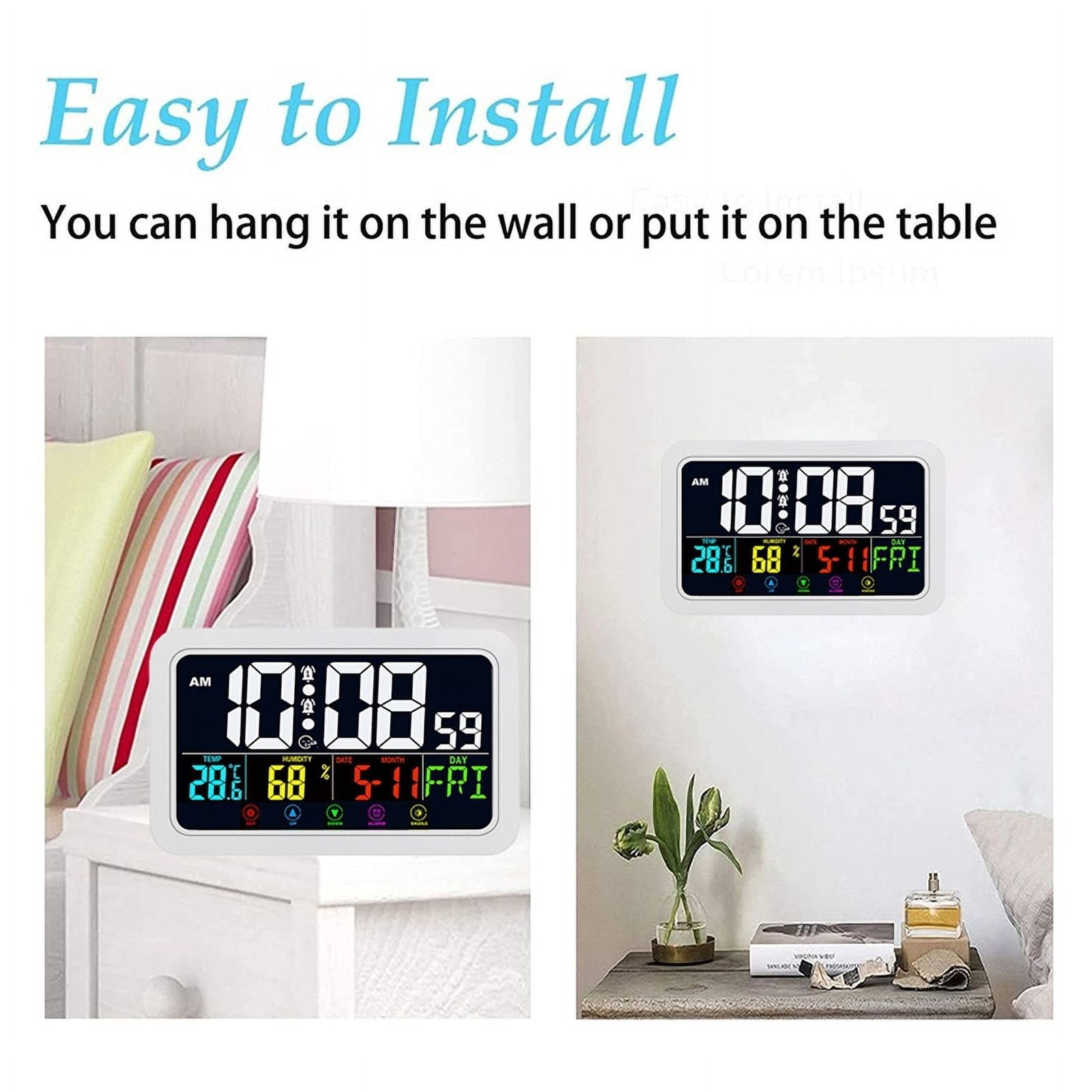 Digital Wall Clock, Digital Clock Battery Operated,8 Inch Desk Clock with Temperature Humidity Day Date White