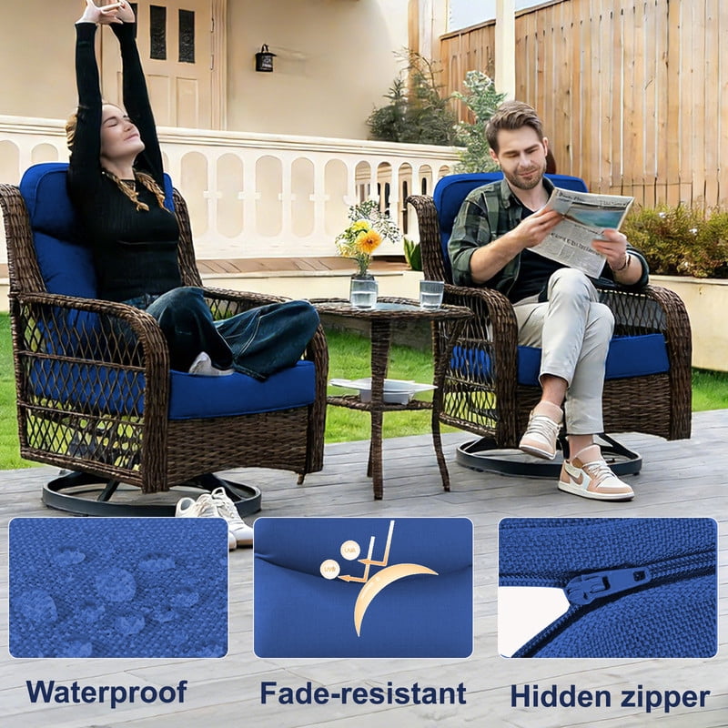 Outdoor Rattan Chair Cushions, Waterproof Patio Chair Replacement Cushions, 6in Thick Seat Back Cushion for Deck Yard and Poolside（Blue 2pc）