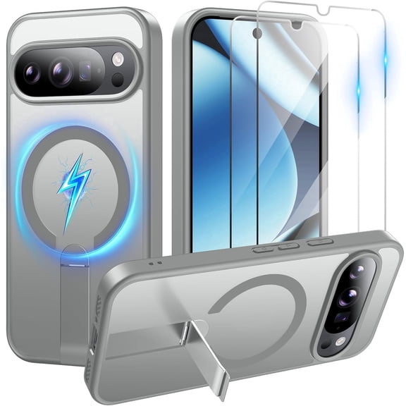 for Google Pixel 10 Case,2X Screen Protector,Magnetic Wireless Charging,Invisible Adjustable Kickstand,Military Grade Protection Clear Matte Cover for Pixel 10 Pro 6.3"(Gray)