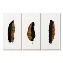 Elephant Stock Gilded Feather Trio Wall Art - Horizontal Multi Panel Canvas - Living Room Wall Decor - Decor Elements Multi Panel - Black And Gold Decor - 50" x 32"