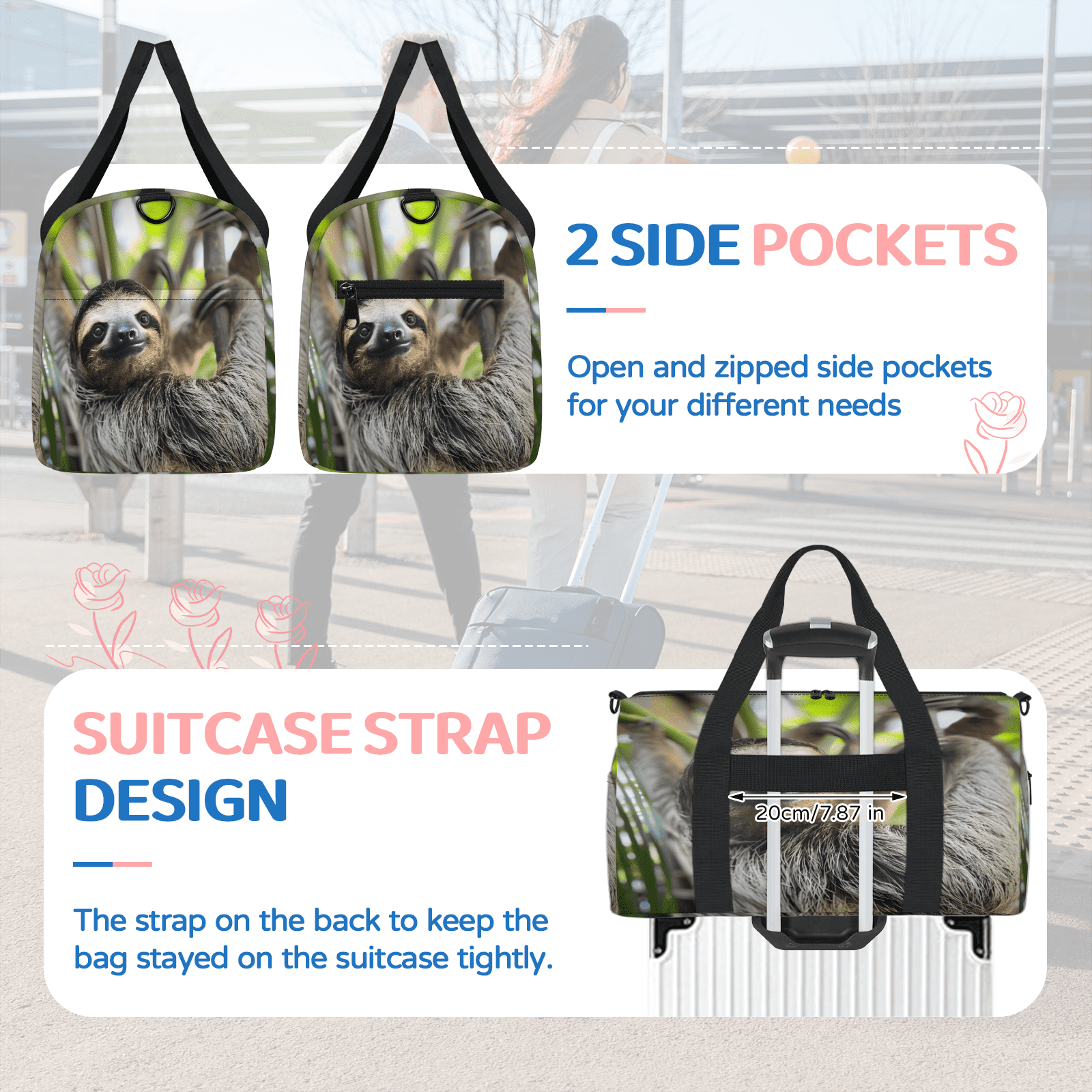 Herdesigns Sloth Funny Animal Gym Bag for Women, Duffle Bag for Travel Sport, Lightweight Waterproof Carry on Weekender Overnight Dance Yoga Workout Bags