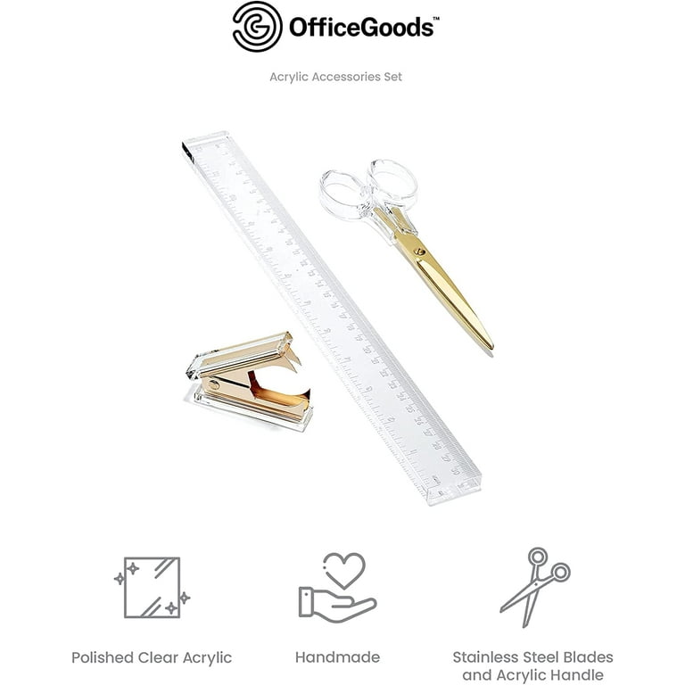 Acrylic and Gold Desk Accessories Set by OfficeGoods - 12 inch Ruler, 6.5 inch Scissors and Stapler Remover - for Your Every Day Office Needs with
