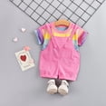 thumbnail image 2 of Baby Boys Casual Outfit Sets Kids Rainbow Striped Print Crew Neck Short Sleeve Rompers With Suspenders Shorts Two Piece Outwear,Pink,2-3 Years, 2 of 3