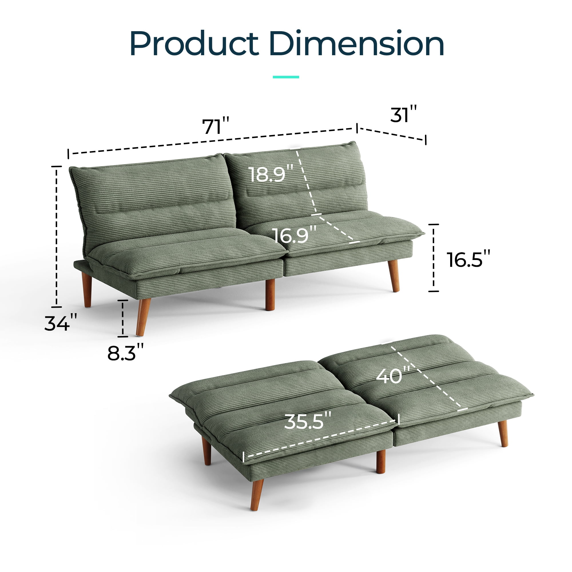Linsy Home Futon Sofa Bed, Solid Wood  Legs Sofa Bed for Living Room, Green