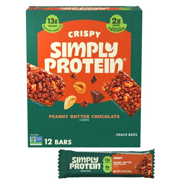 Simply Protein Peanut Butter Chocolate Protein Bars, Low Carb/ Sugar, High Fiber, Vegan Snacks, 12-Pack