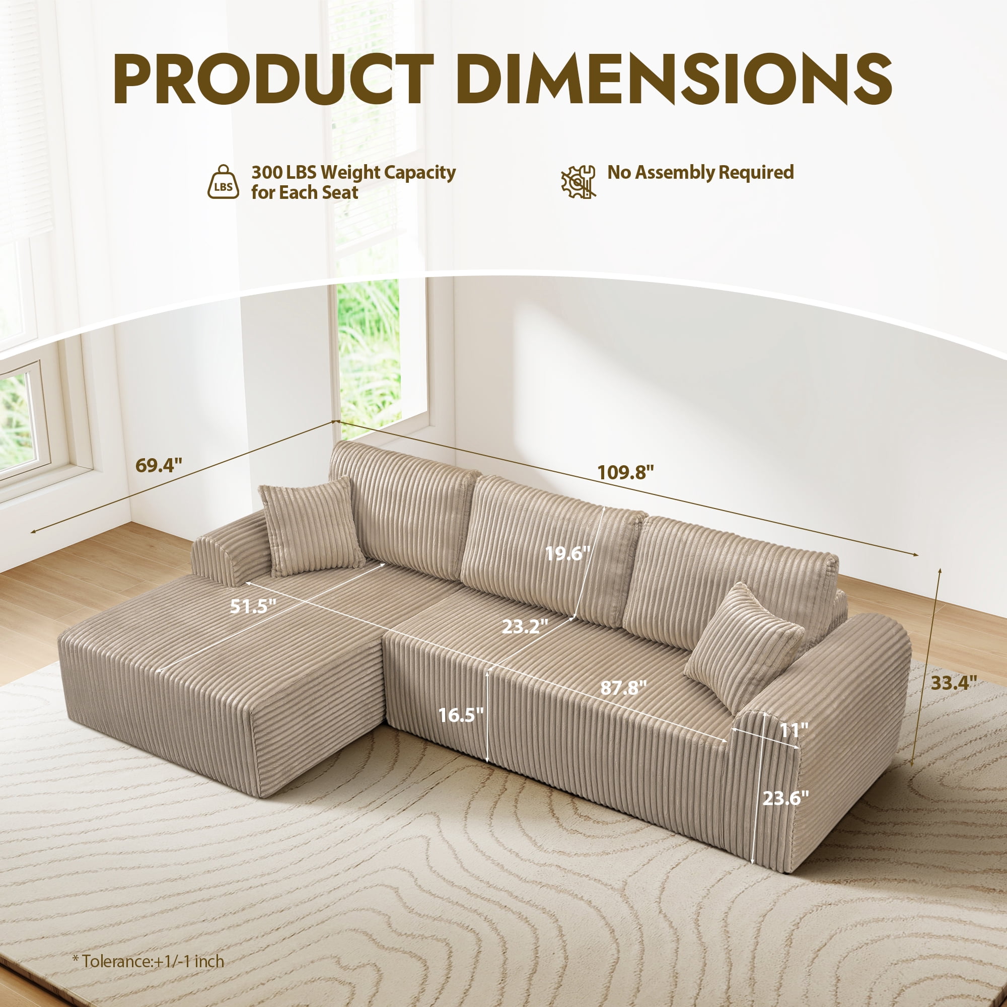 Aukfa 109" Modular Cloud Sectional Sofa with L-Shape Chaise, Corduroy Upholstered Deep Seat Couch, Left Facing Chaise, No Assembly Boneless Sofa for Living Room/Bedroom/Apartment, Camel