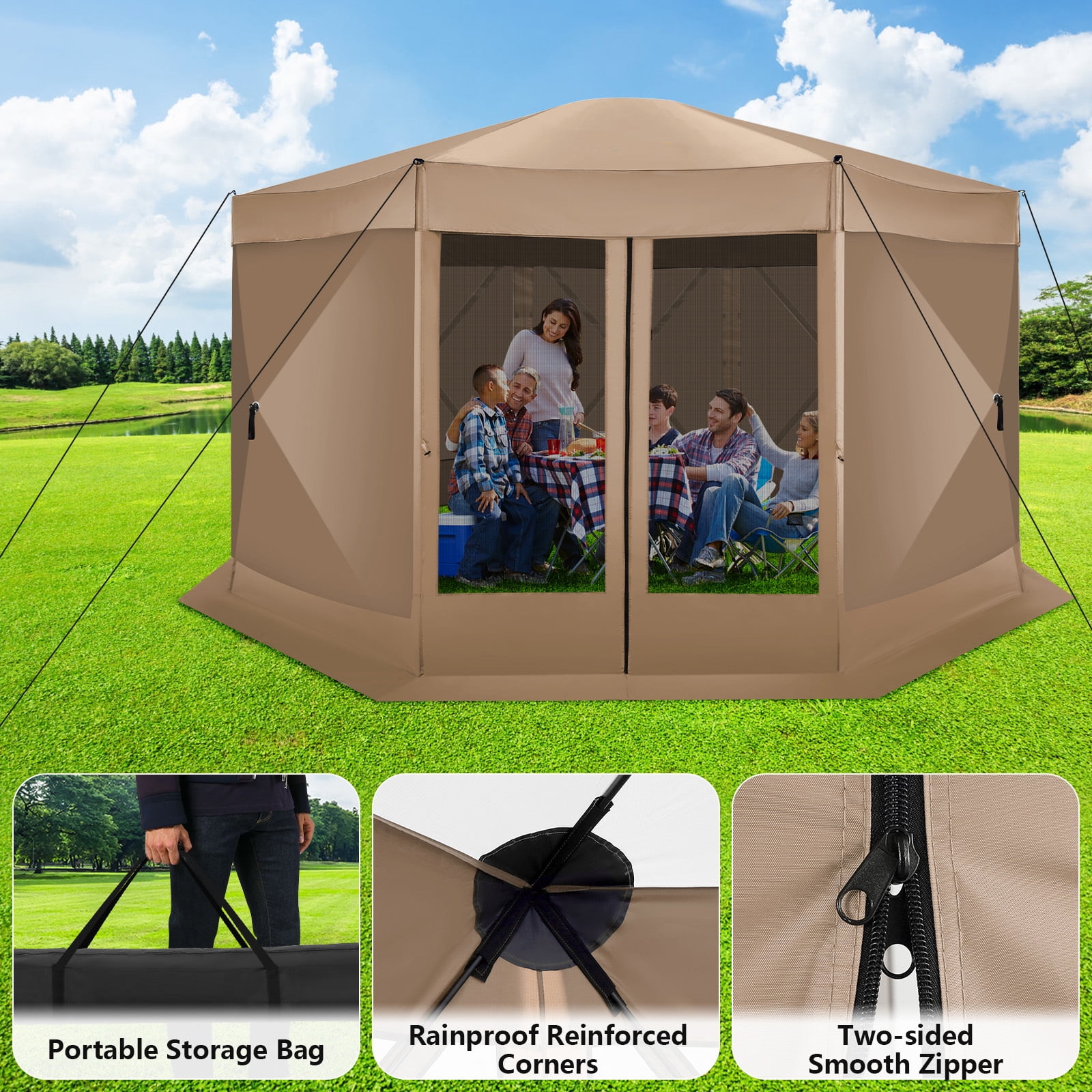 SANOPY 15'x15' Pop up Gazebo 8-Sided Outdoor Screen Gazebo with Netting & Sidewalls Camping Gazebo Instant Shelter Glamping Tent w/ Carrying Bag for Backyard Garden, Khaki