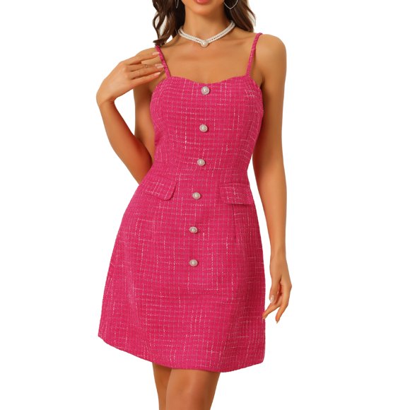 Vestido de cuadros INSPIRE CHIC para mujeres con decoración de botones, tirantes de espagueti, vestido de tweed color rosa caliente L