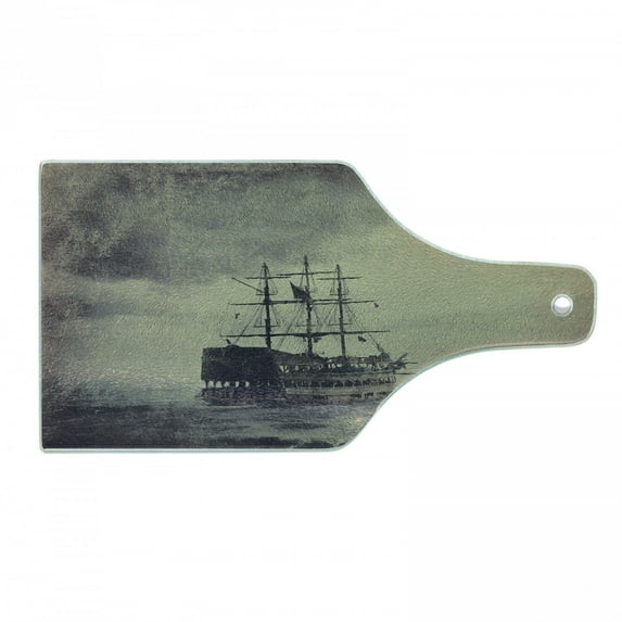 Nautical Cutting Board, Old Pirate Ship in the Sea Historical Cruise Retro Voyage Grunge Style Art, Decorative Tempered Glass Cutting and Serving Board, Wine Bottle Shape, Plum Tan, by Ambesonne