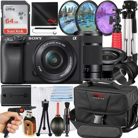 Sony A6400 Mirrorless Camera with 55-210mm Lens   16-50mm Lens   SanDisk 64GB Memory Card   Tripod   SV Premium Accessory Bundle (International Model)