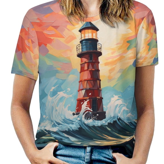 Lighthouse Sunrise Coast Scenery Pale Blue Tan Women's Short Sleeve T-Shirt Crew Neck Casual Summer Trendy Loose Fit Tops
