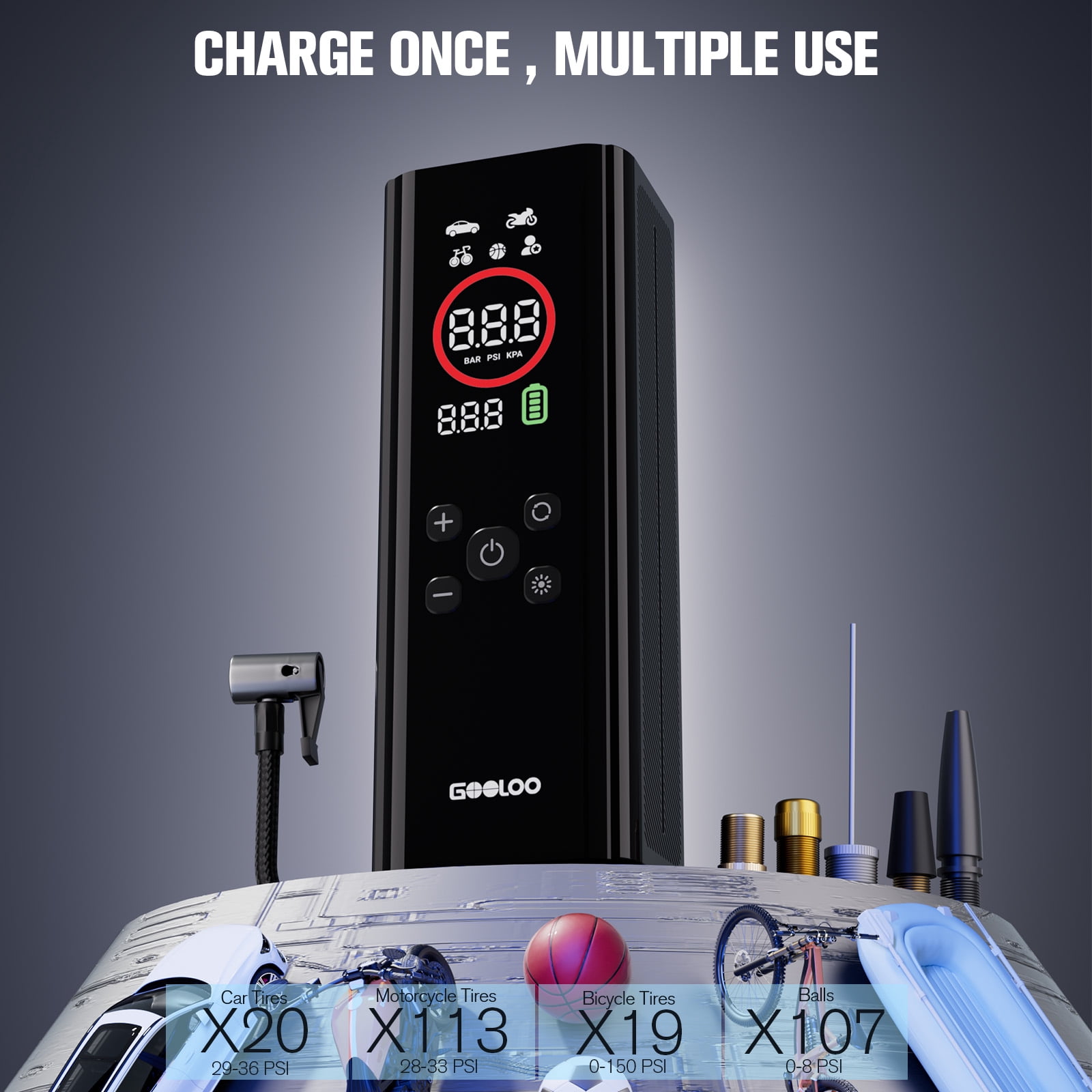 GOOLOO AP150 PRO Tire Inflator, 150 PSI Portable Air Pump with 7500mAh Battery, Digital Pressure Gauge, Auto Shut-Off, LED Light for Cars, Bikes
