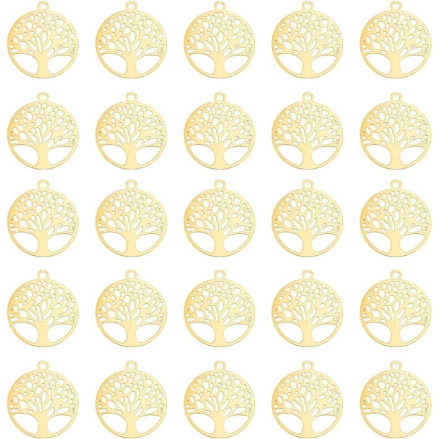60 piezas de dijes de árbol de la vida dorados, huecos, planos y redondos, con filigrana, de metal grabado, de latón